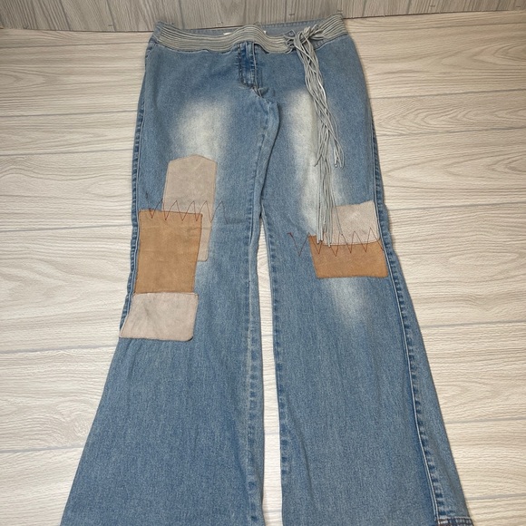 Joe Boxer Y2K 2000’s Flare Suede Leather Patchwork Light Wash Jeans Size 13 - Picture 14 of 15
